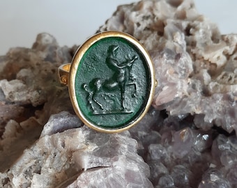 Intaglio Glass Antique Greek Mythology Centaur Ring ,Glass Art Intaglio Silver Ring ,Ancient Greek Art Vintage 24K Gold Over