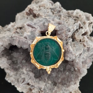 Intaglio Glass Pendant Greek Ephesus Bee Pendant Glass Art Intaglio Silver Pendant Ancient Greek  Art Vintage Charm 24K Gold Over
