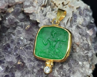 Intaglio Glass The Pharaoh Pendant, Glass Art Intaglio Silver Pendant Ancient Egyptian Art Vintage Charm 24K Gold Over