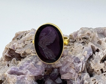 Intaglio Glass Phoenix Ring , Glass Art Intaglio Silver Ring ,Ancient Greek  Art Vintage 24K Gold Over
