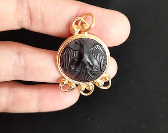 Intaglio Glass Eagle Handmade  Pendant Glass Art Intaglio Silver Pendant Ancient Greek  Art Vintage Charm 24K Gold Over