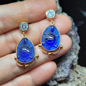 Glass Art Intaglio Glass Turtle Earrings Intaglio Silver Ancient  Art Vintage Over 24K Gold
