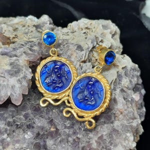 Intaglio Glass Saints Mary and Jesus With Pearl Earring Glass Art Intaglio Silver Earring Ancient Roman Art Vintage Charm 24K Gold Over