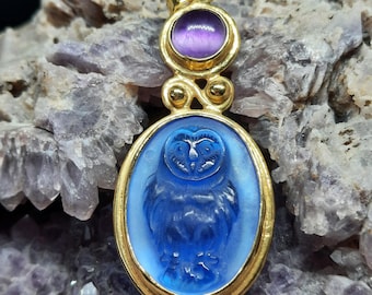 Intaglio Glass Owl Pendant with Amethyst, Glass Art Intaglio Silver Pendant, Ancient Art Vintage Charm 24K Gold Over