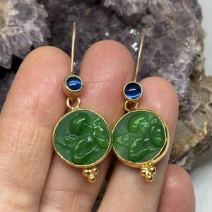 Intaglio Glass Angel Earring With Zircon Glass Art Intaglio Silver Earring Ancient Greek Art Vintage Charm 24K Gold Over