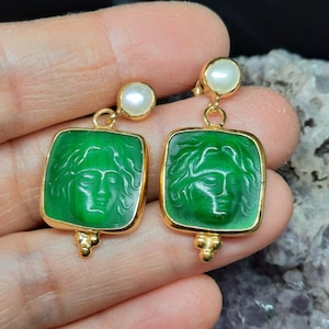 Intaglio Glass Apollon Earrings with Pearl, Glass Art Intaglio Silver Earring  Art Vintage 24K Gold Over