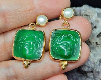 Intaglio Glass Apollon Earrings with Pearl, Glass Art Intaglio Silver Earring  Art Vintage 24K Gold Over