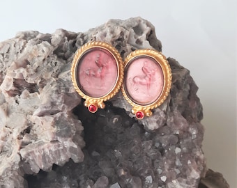 Intaglio Glass Antique Greek Mythology  Centaur Earrings  Glass Art Intaglio Silver Earring Ancient Greek Art Vintage 24K Gold Over