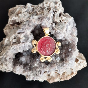 Intaglio Glass Pendant Apollo Glass Art Intaglio Silver Pendant Ancient Greek  Art Vintage Charm 24K Gold Plated