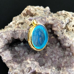 Intaglio Glass Pendant Greek Ephesus Bee Pendant Glass Art Intaglio Silver Pendant Ancient Greek  Art Vintage Charm 24K Gold Plated