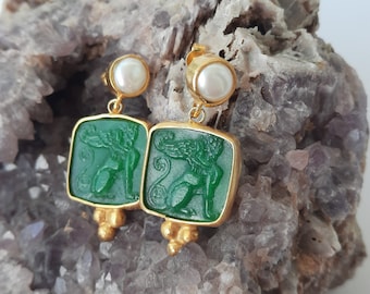 Ancient Greek Sphinx With Pearl Glass Art Intaglio Silver Earring Ancient Greek Art Vintage Charm 24K Gold Over