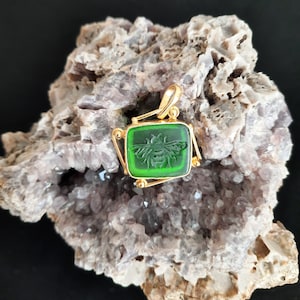 Intaglio Glass Bee Pendant Glass Art Intaglio Silver Pendant Ancient Greek  Art Vintage Charm 24K Gold Over