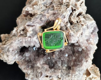 Intaglio Glass Bee Pendant Glass Art Intaglio Silver Pendant Ancient Greek  Art Vintage Charm 24K Gold Over
