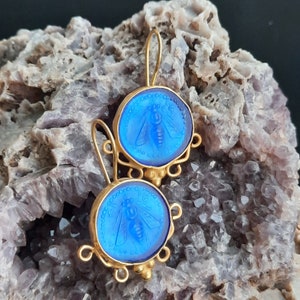 Intaglio Glass Antique  Greek Ephesus Bee  Earrings  Glass Art Intaglio Silver Earring Ancient Greek Art Vintage 24K Gold Over