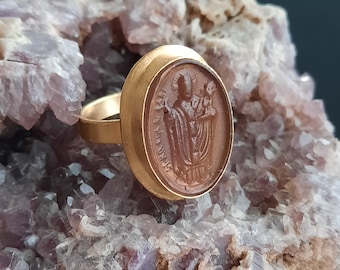 Intaglio Glass Saint Nicholas Ring , Glass Art Intaglio Silver Ring, Ancient Greek Art Vintage 24K Gold Over