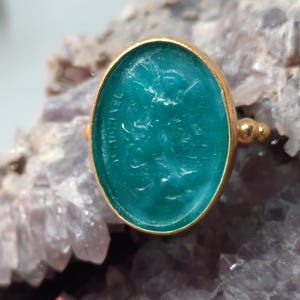 Intaglio Glass Saint Michael Ring ,Glass Art Intaglio Silver Ring ,Ancient Greek Art Vintage 24K Gold Over