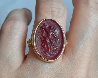 Intaglio Glass Saint Michael Ring ,Glass Art Intaglio Silver Ring ,Ancient Greek Art Vintage 24K Gold Over