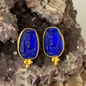 Egyptian Queen Cleopatra intaglio glass earrings  Ancient Egyptian  Art Vintage 24K Gold Over