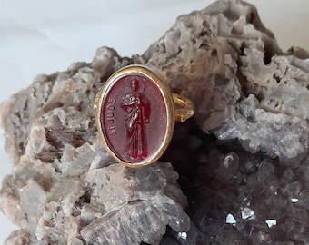 Intaglio Glass Saint Jude Ring ,Glass Art Intaglio Silver Ring ,Ancient Greek Art Vintage 24K Gold Over