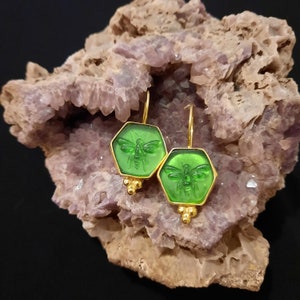 Intaglio Glass Bee Earring Glass Art Intaglio Silver Earring Ancient Greek Art Vintage Charm 24K Gold Over