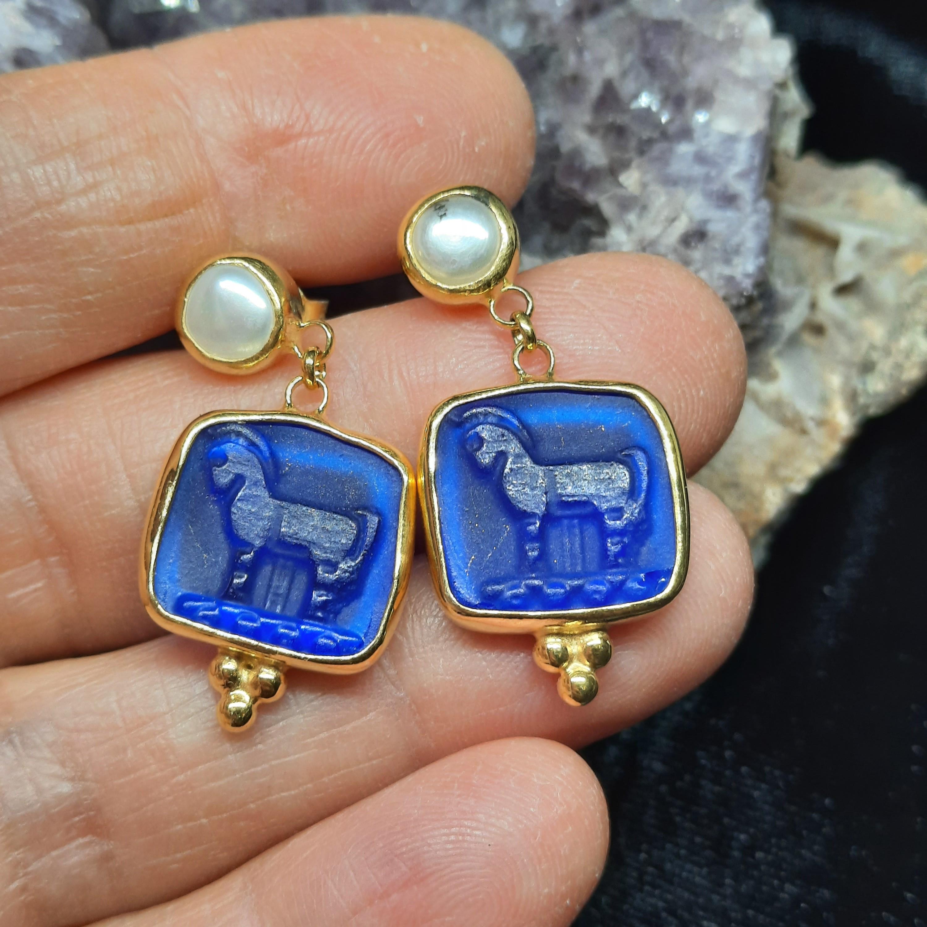 Ancient Greek Trojan Horse With Pearl Glass Art Intaglio Silver Earring Ancient Greek Art Vintage Charm 24K Gold Over
