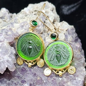 Intaglio Glass Antique  Greek Ephesus Bee  Earrings  Glass Art Intaglio Silver Earring Ancient Greek Art Vintage 24K Gold Over