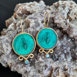 Intaglio Glass Antique  Greek Ephesus Bee  Earrings  Glass Art Intaglio Silver Earring Ancient Greek Art Vintage 24K Gold Over
