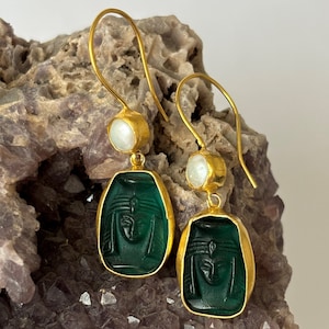 Egyptian Queen Cleopatra intaglio glass with Pearl  earrings  Ancient Egyptian  Art Vintage 24K Gold Over