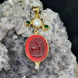 Antique Greek Mythology Centaur Pendant with Zircon, Glass Art Intaglio Silver Pendant, Ancient Greek Art Vintage Charm 24K Gold Over