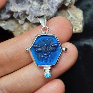 Intaglio Glass Bee Pendant Glass Art Intaglio Silver Pendant Ancient Greek  Art Vintage Charm 24K Gold Over