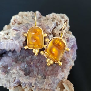 Intaglio Glass Antique Greek Mythology Owl Earrings  Glass Art Intaglio Silver Earring Ancient Greek Art Vintage 24K Gold Over