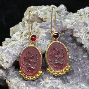 Intaglio Glass Saint Christopher Earrings  Glass Art Intaglio Silver Ancient Greek Art Vintage 24K Gold Over