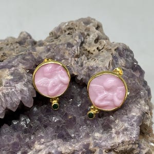 Intaglio Glass Angel Earring With Zircon Glass Art Intaglio Silver Earring Ancient Greek Art Vintage Charm 24K Gold Over