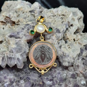 Intaglio Glass Pendant Greek Ephesus Bee Pendant Glass Art Intaglio Silver Pendant Ancient Greek  Art Vintage Charm 24K Gold Over
