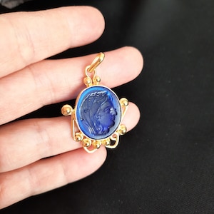 Intaglio Glass Pendant Artemis , Glass Art Intaglio Silver Pendant Ancient Greek Art Vintage Charm 24K Gold Over