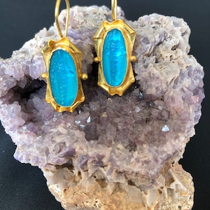 Intaglio Glass Earrings Artemis Earring Glass Art Intaglio Silver Earring Ancient Greek Art Vintage 24K Gold Over