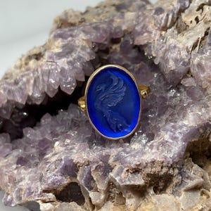 Può includere: Un anello d'oro con una pietra ovale blu scuro con un disegno di uccello scolpito. L'anello è posto su uno sfondo di una formazione rocciosa ruvida di colore viola, creando un contrasto sorprendente di colori e trame. Il design dell'anello è classico.