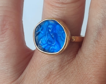 Anillo de vidrio calcográfico de los Santos María y Jesús, anillo de plata calcográfica con arte en vidrio, arte griego antiguo vintage en oro de 24 quilates.