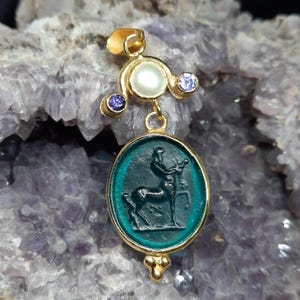 Antique Greek Mythology Centaur Pendant with Pearl, Glass Art Intaglio Silver Pendant, Ancient Greek Art Vintage Charm 24K Gold Over