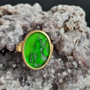Anillo de ángel de la guarda de vidrio calcográfico, anillo de plata calcográfica con arte en vidrio, arte griego antiguo vintage con oro de 24 quilates
