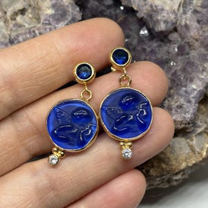 Intaglio Glass Angel Earring With Zircon Glass Art Intaglio Silver Earring Ancient Greek Art Vintage Charm 24K Gold Over