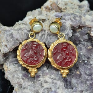 Intaglio Glass Saints Mary and Jesus With Pearl Earring  Glass Art Intaglio Silver Earring Ancient Roman Art Vintage Charm 24K Gold Over