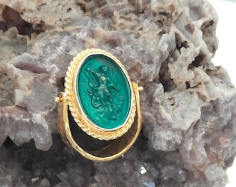 Intaglio Glass Saint Michael Ring ,Glass Art Intaglio Silver Ring ,Ancient Greek Art Vintage 24K Gold Over