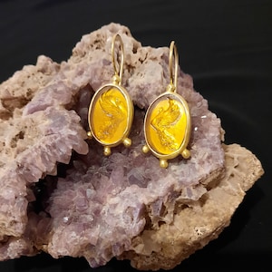 Intaglio Glass Phoenix Earrings  Glass Art Intaglio Silver Ancient Phoenix  Egyptian, Greek & Roman  Art Vintage 24K Gold Over
