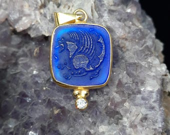 Intaglio Glass The Griffon Pendant, Glass Art Intaglio Silver Pendant Ancient Egyptian Art Vintage Charm 24K Gold Over