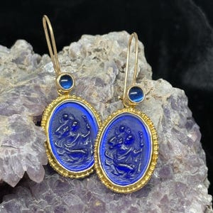 Intaglio Glass Saint Christopher Earrings  Glass Art Intaglio Silver Ancient Greek Art Vintage 24K Gold Over