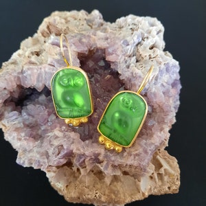 Intaglio Glass Antique Greek Mythology Owl Earrings  Glass Art Intaglio Silver Earring Ancient Greek Art Vintage 24K Gold Over
