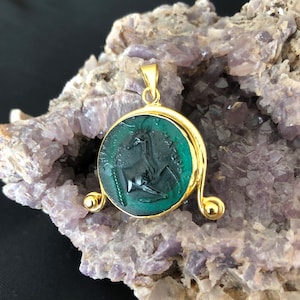 Intaglio Glass Pendant Greek Ephesus Deer Pendant Glass Art Intaglio Silver Pendant Ancient Greek  Art Vintage Charm 24K Gold Over