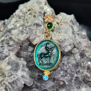 Antique Greek Mythology Centaur Pendant with Pearl, Glass Art Intaglio Silver Pendant, Ancient Greek Art Vintage Charm 24K Gold Over