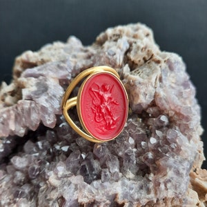 Intaglio Glass Saint Michael Ring ,Glass Art Intaglio Silver Ring ,Ancient Greek Art Vintage 24K Gold Over